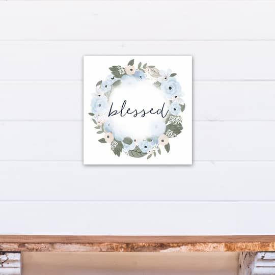 Blue Blessed Floral Wreath 16" x 16" Canvas Wall Art